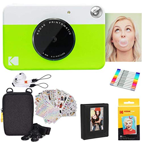 Image of KODAK Printomatic Full-Color Instant Print Digital Camera Colorful Photos On Zink 2x3 inch Sticky-Back Photo Paper 5MP Gift Bundle: Case + Zink 2x3 inch 20pk + Album + Stickers + Frames + Markers - Green