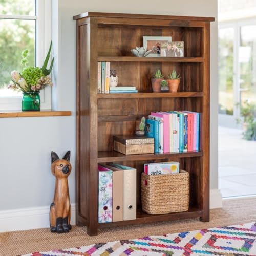 Image of ANGEL FURNITURE Solid Sheesham Wood Antonio Large Bookshelf Large, Honey Finish, Semi-Gloss, 90x30x135CM