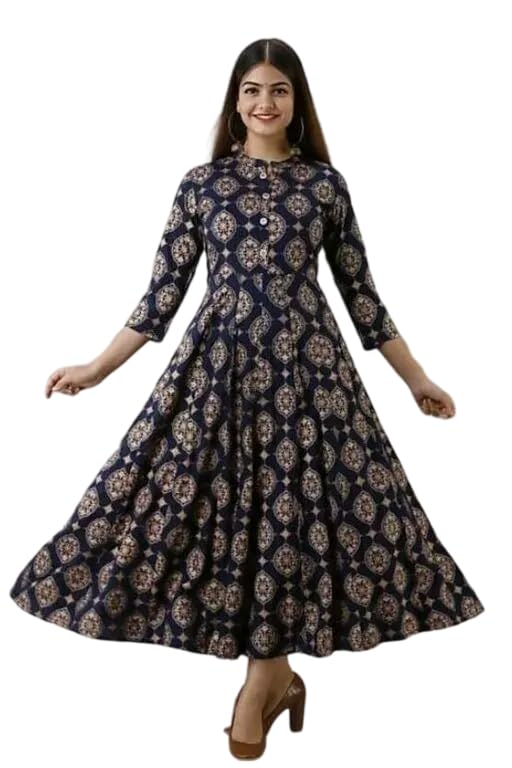 Raj Fashion Women's 3/4th Sleeves Round Neck Floral Printed Calf Length Flared Ethnic Gown Dark Blue-picture-18