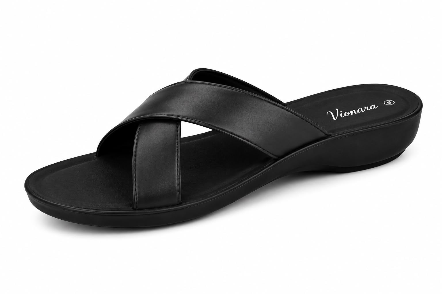 Women's Cross Strap Wedge Slides for Women | Stylish Slip-On Comfort Sandals | Soft Cushioned Footbed | Lightweight Casual Daily Wear Open Toe Slippers | Black-image-2