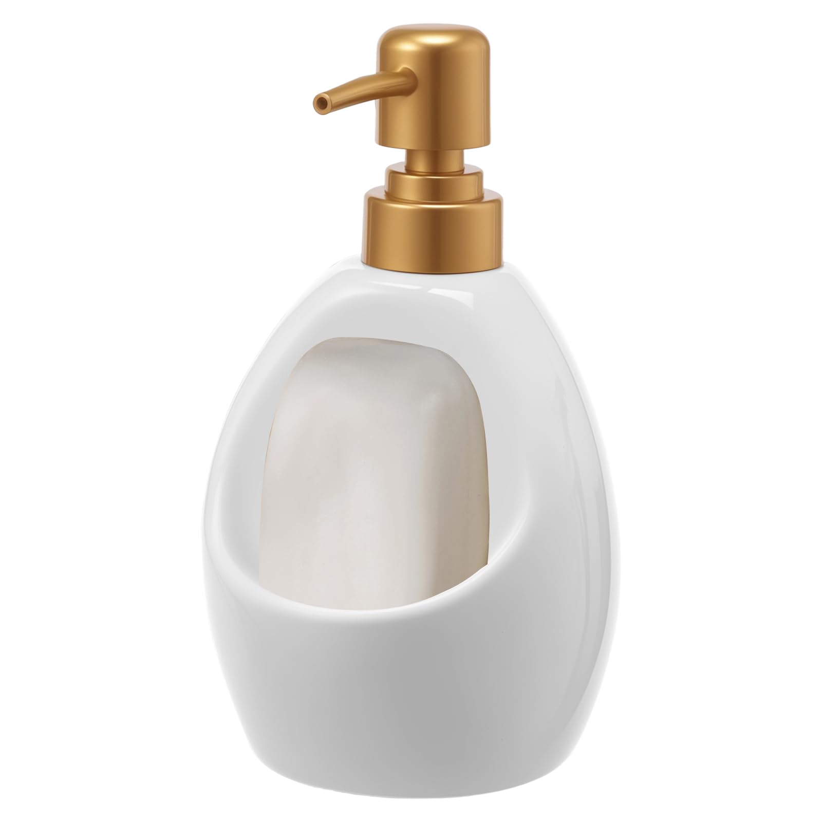 Dish Soap Dispenser with Sponge Holde,Ceramic Countertop Foam Pump Dispenser,Refillable Hand Soap Shampoo Pump, 2-in-1 Liquid Soaps Dispensers for Kitchen Sink and Bathroom(White)