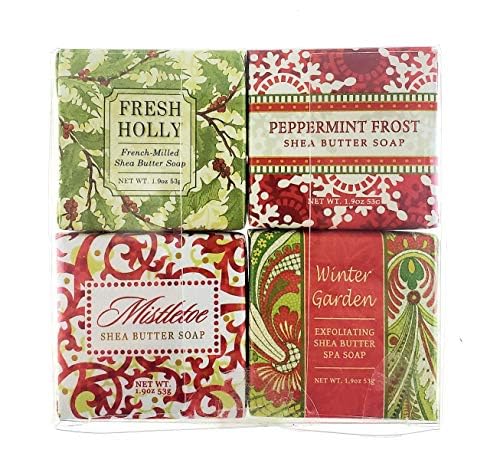 Christmas Soap Sampler- Set of 4 Scents- Mistletoe, Peppermint Frost, Winter Garden and Fresh Holly- Enriched with Shea Butter and Essential Oils- Ideal Basket Filler, Stocking Stuffer for Guests