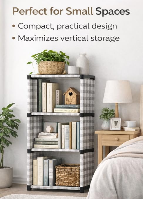 Image of 4-Tier Book Rack Bookshelf, Multi-Level Storage Organizer for Books, Magazines, Office Supplies, Space-Saving Design, Grey Check Pattern with Heavy Fabric Cover 4 layer rack
