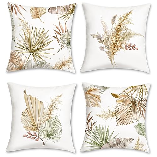 Bonhause Fundas de Cojín Hojas de Palma Boho 45 x 45 cm Funda de Almohada Plantas Hojas Tropicales Terciopelo Suave Cojines Decorativos para Sofá Cama Hogar Jardín Patio Juego de 4