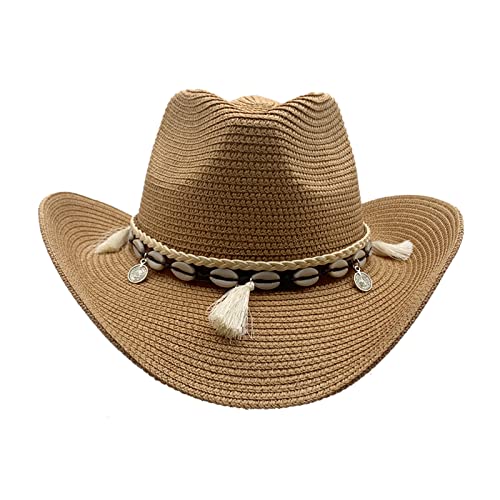 Image of Western Straw Cowboy Hat for Women Beach Sun Hat for Men Wide Brim Fedora Hat Cowgirl Hats Summer Panama Hat