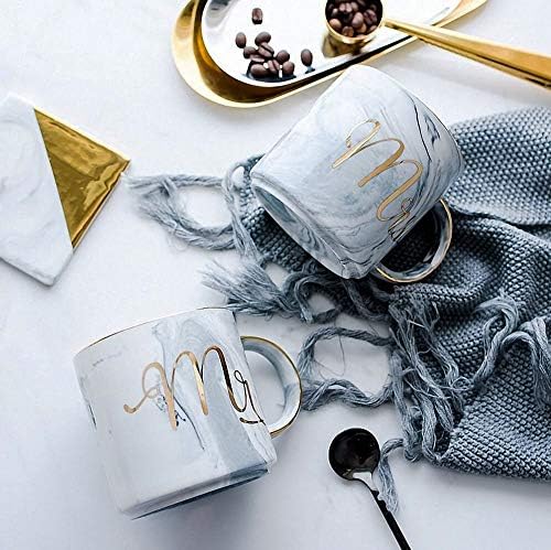 Mr and Mrs Mugs Set - Engagement Bridal Shower and Wedding Gifts - Anniversary Coffee Cups for Engaged Married Couples 2018 - Ceramic Marble Tumbler 11.5 oz (MR&MRS(Grey),Set of 2)