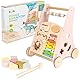 COIL Babywalker Lauflernwagen 3in1, Kinderwagen aus Holz, Lernspielzeug, ab 12 Monaten (Rosa)