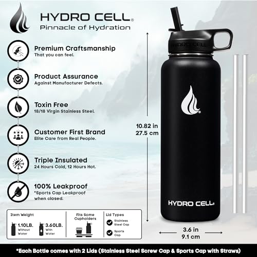 Image of HYDRO CELL Stainless Steel Insulated Water Bottle with Straw - For Cold & Hot Drinks - Metal Vacuum Flask with Screw Cap and Modern Leakproof Sport Thermos for Adults (Black 40oz)