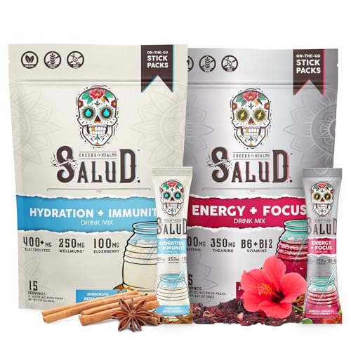 Salud 2-Pack | 2-in-1 Hydration + Immunity (Horchata) & Energy + Focus (Hibiscus) â€“ 15 Servings Each, Agua Fresca Drink Mix, Non-GMO, Gluten Free, Vegan, Low Calorie, 1g of Sugar