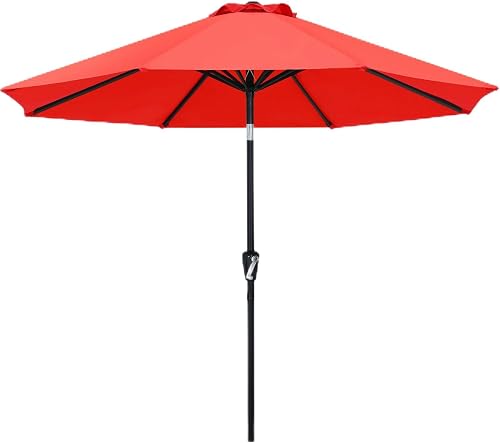 MASTERCANOPY 9FT Patio Umbrella with Push Button Tilt and Crank, Outdoor Market Umbrella with 8 Sturdy Ribs, UV Protection & Waterproof for Garden, Deck, Backyard, Pool (Red)