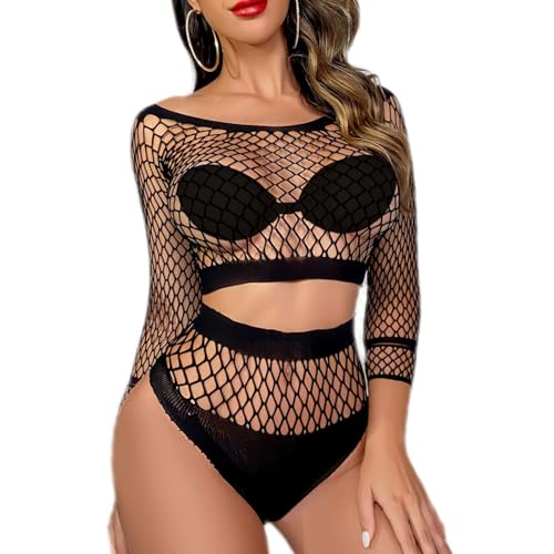 MSMXCS Damen Fischnetz Dessous-Sets Sexy Lingerie Bodys Nachtwäsche Durchsichtige Langärmelige Fischnetz Oberteil und Höschen-Sets für Rave...