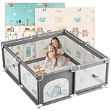 JUPPLIES Parque Infantil Bebe 120x120cm + Alfombra Bebe – Corralito Bebe con Malla Transpirable – Parque de Juegos Bebe Plegable con Puerta Lateral – Playpen Bebe - Gris