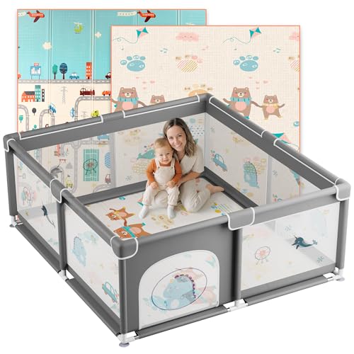 Jupplies Parque Infantil Bebe 120x120cm Alfombra Bebe Corralito Bebe Con Malla Transpirable Parque De Juegos Bebe Plegable Con Puerta Lateral Playpen Bebe - Gris