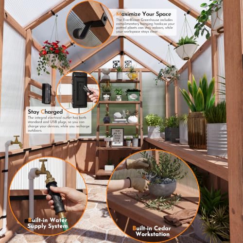 Image of Modern Shade EverBloom 6.5'x10' Wooden Greenhouse, 8' Extra-Tall Cedar Wood Greenhouse with Built-in Outdoor Faucet Kit, Heavy Duty Greenhouse with Built-in Shelving, Power Strip & Ventilation System