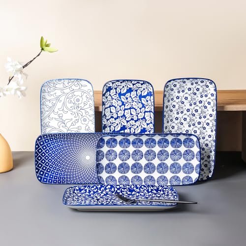 Selamica Keramik-Servierplatten, 30,5 cm, Serviertabletts für Party, Unterhaltung, große rechteckige Servierplatten für Lebensmittel, 6 Stück, Vintage-Blau