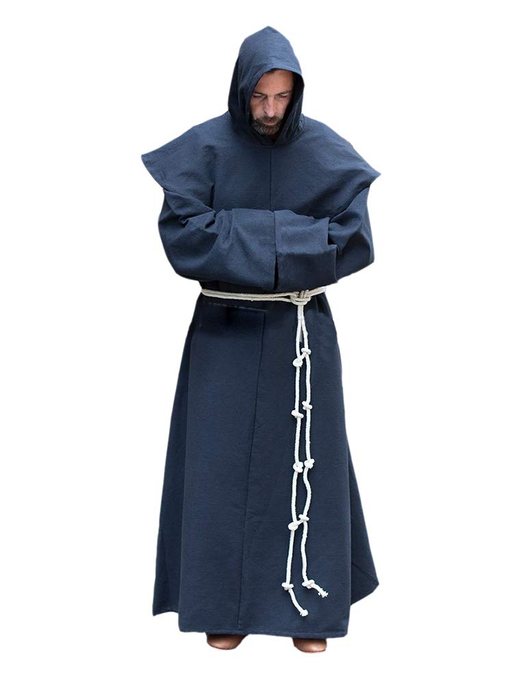 Huateng Men's Blue Renaissance Priest Medieval Friar Monk Robe Hooded Costume