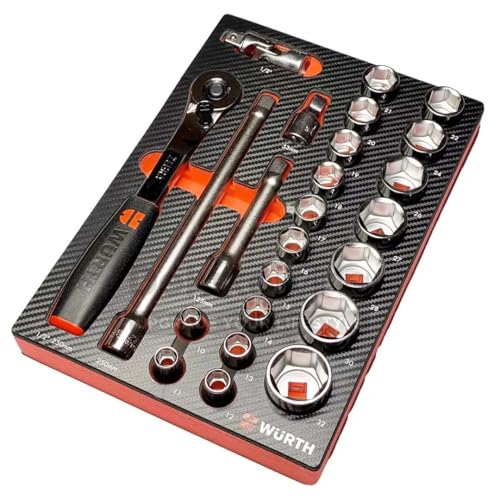 Wuerth 1/2 Zoll Steckschlüssel Satz metrisch 24 Teile in Schaumeinlage 4.4.1 mit Ratsche Knarre Nusskasten für Werkstattwagen 0965905945