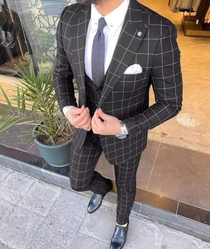 Men’s Plaid Suit Slim Fit 3 Piece Checked Suits Two Buttons Formal Wedding Groomsmen Suits Blazer Vest Pants Set2