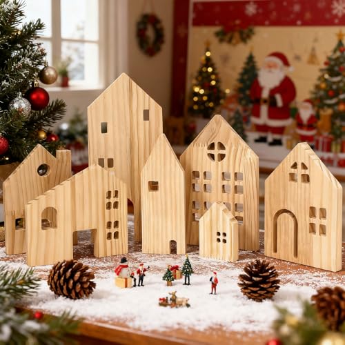 Weihnachtsdeko Holz Häuser, 7 Stück Weihnachten Holzhaus Deko,...