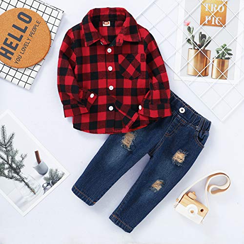 2Pcs Baby Boys Girls Toddler Kids Red Plaid Flannel Shirt Elastic Waist Ripped Holes Soft Jeans Outfit Set(12-18 Months, Red/Black) #TOP2