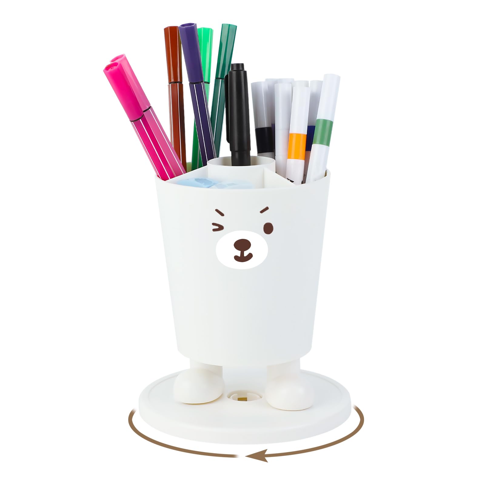 Lvjkes Organizador escritorio, Portalapices escritorio giratorio de 360° con 4 compartimentos, Extraíble y fácil de limpiar,Expresión de oso desk organizer,Adecuado para oficina,hogar,escuela (Blanco)