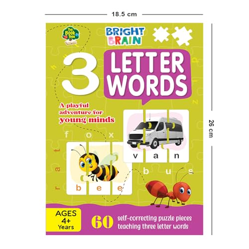 Image of THE BOOK TREE Bright Brain 3 Letter Words Puzzle - Learn to Spell 20 Three Letter Words 60 Pieces- Beautiful Colorful Pictures Age 4+ Gift Box By Majestic Book Club, for Kid