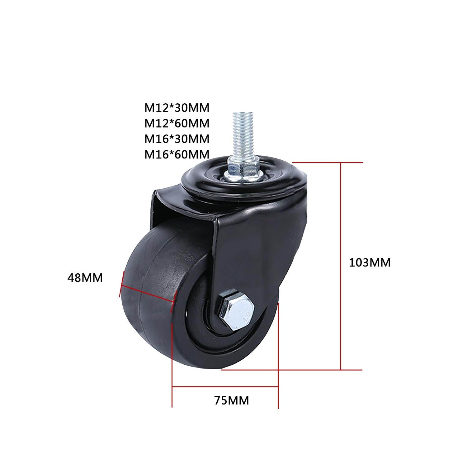 per carichi Pesanti 3" M12 16 Ruote con Perno filettato 360° Rotante Silenzioso Ruote 1600 lbs capacità di carico Set da 4 (2 Girevole + 2 con Freno) per Industriale Uso
