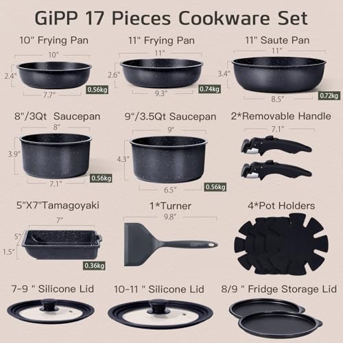 Image of GiPP Ceramic Pots and Pans Set Non Stick, Nonstick Detachable Handle Cookware Sets, Healthy Non Toxic PFAS PFOA & PTFE Free, Dishwasher &Oven Safe, Induction Kitchen Pot and Pan, 17 Piece Gray