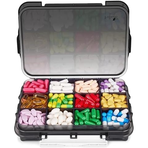 Fullicon Daily Travel Moisture Proof Pill Case with 12 Extra Large Compartment, Pill Organizer with 3 Secured Buckles, Large Supplement Box for Vitamin with Removable Dividers (Black) Cover
