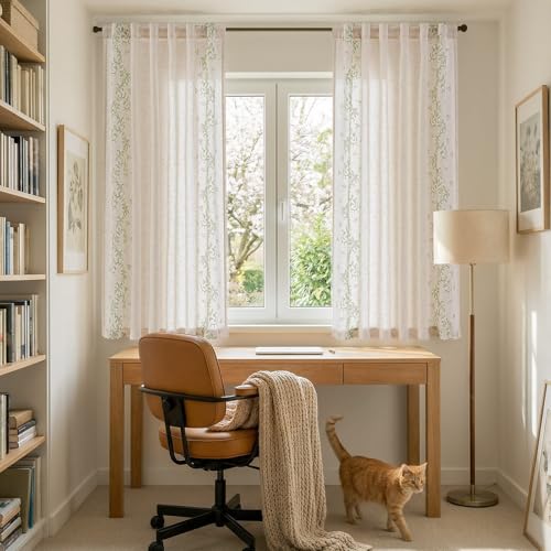 Image of jinchan Floral Linen Curtains, Back Tab 50x63 Inch, 2 Panels Sage
