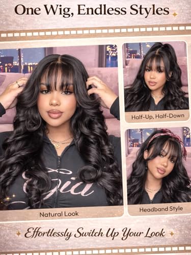 Image of UNICE Body Wave Human Hair Wig with Wispy Bangs, Glueless 7x5 Lace Front Wig Pre Cut Pre Plucked Bleached Knots, Beginner Friendly Ready to Wear Drawstring Wig, Natural Black 180% Density 16 inch