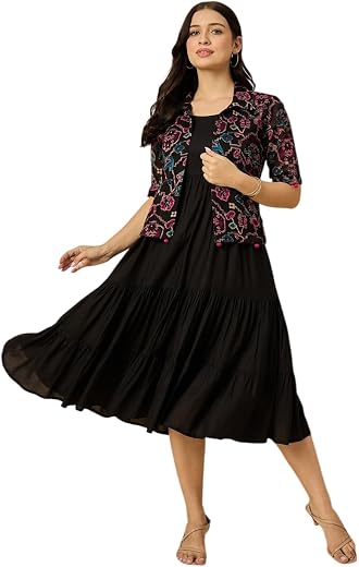 Azira Rayon Solid Fit & Flared Dress with Printed Jacket Casual Dress for Woman