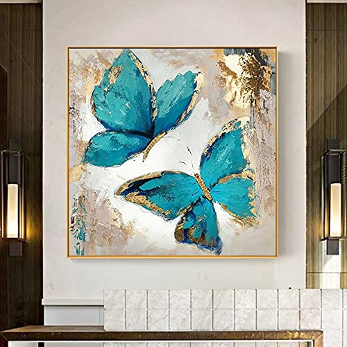 Toile papillons bleu et or pour décoration de salon chic 30x30 cm