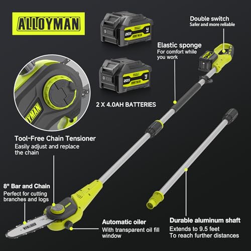 Alloyman Pole Saw Cordless, 8-Inch Electric Pole Chainsaw for Tree Trimming,Up to 15FT Overhead Reach, 20V Battery Powered Pole Chain Saw，Tree Trimmer Limb Branch Cutter Pruner with 2 * 4.0 Battery by Alloyman - Image 8