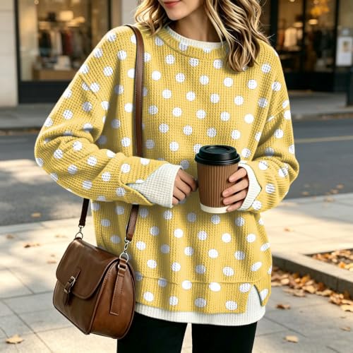 Sweatshirt for Women Crew Neck Waffle Knit Long Sleeve Polka Dot Sweatshirt - image 3