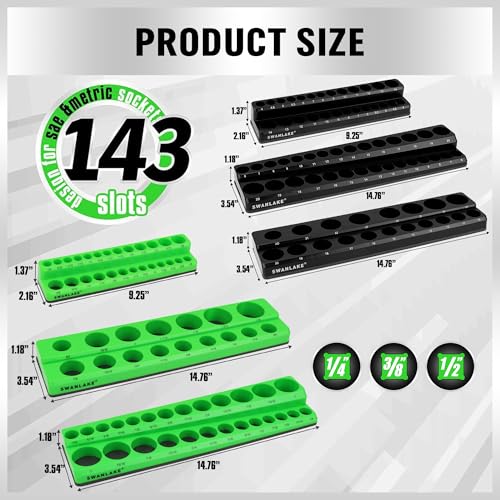Image of Magnetic Socket Organizer Set, 6-piece 1 /4 inch, 3 /8 inch, 1 /2 inch SAE & Metric Sockets Holder, Drive Socket Trays, Storage Tool Box, Holding 143 Slots, Soft Rubber Covering Black Green Tools