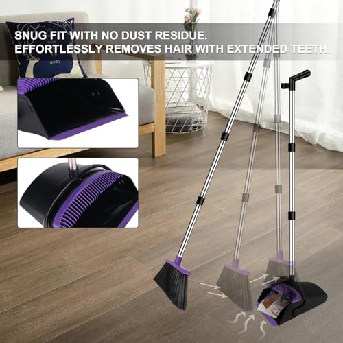 Image of UDUK Broom with Dustpan Combo Set, 51 inch Household Dustpans and Broom, Standing Dust Pan Set for Home, Purple Cleaning Set for Kitchen Lobby Indoor Outdoor