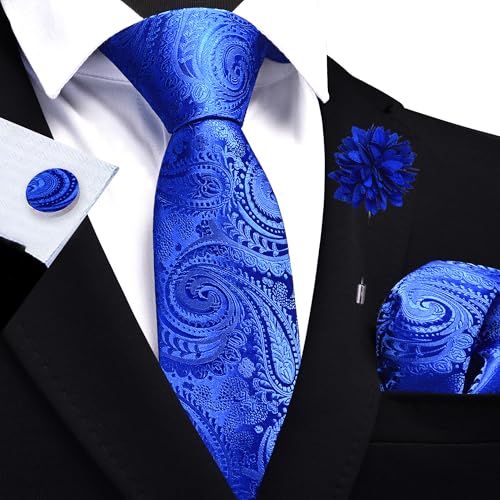 Image of GUSLESON Paisley Tie Set for Men 3.15 inch Necktie Lapel Pin Hankerchief Cufflinks Set for Men