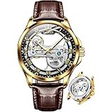 OLEVS 腕時計 メンズ 機械式 自動巻き＆手巻き 透明 クリア スケルトン レザーベルト ファッション おしゃれ 男性時計 革 夜光 防水 watch for men ブラウン＆ブラック