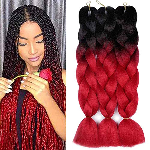 AIDUSA Ombre Colors Braiding Hair Ombre 3pcs Synthetic Braid Hair Extensions 24 Inch Three Tone Ombre Black to Red Braids for Box Braids Senegal Twist Crochet Braids 100g (#01 Black to Red）
