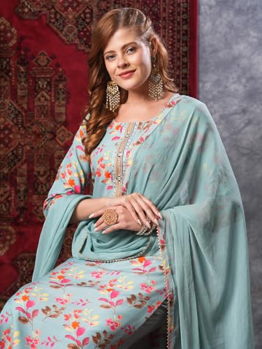 Image of GoSriKi Women's Cotton Blend Printed Straight Kurta and Pant with Dupatta Set