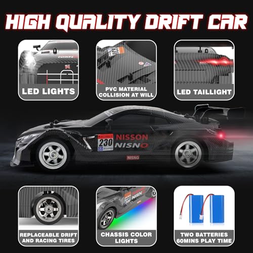Image of 1 /16 RC Drift Car, 2.4GHz 4WD Remote Control Drift Car, 30+KM /H High Speed Drift RC Cars with LED Lights 2 Batteries and Drift Tires Race Cars for Adults Boys Kids, Dark