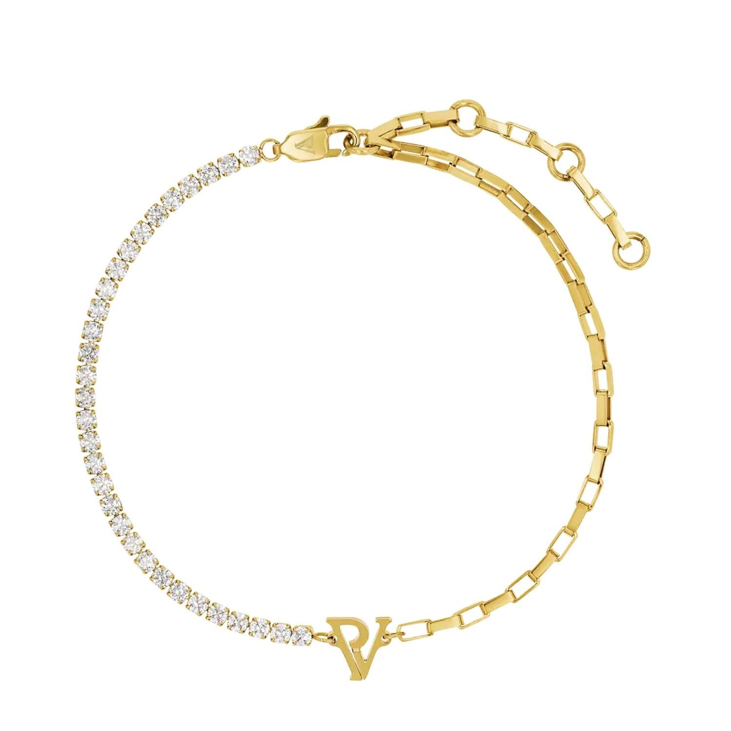 PAUL VALENTINE - Damen Fußkette Edelstahl - mit Zirkonia Stein - PV Logo Anhänger