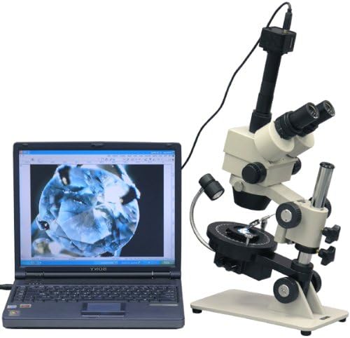 AmScope GM300TZ-10M Digital Trinocular Gemology Stereo Zoom Microscope, WF10x and WF20x Eyepieces, 3.5X-90X Magnification, 0.7X-4.5X Zoom Objective, Upper and Lower LED, Inclined Pillar Stand, 90V-240V, Rechargeable Battery, Includes 0.5X and 2.0X Barlow Lenses, 10MP Camera with Reduction Lens, and Software