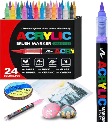 24 Colors acrylic paint Pens - Soft Brush Tip Acrylic Markers Quick-Drying Waterproof Acrylic paint Markers for Canvas Wood Metal Ceramic Stone Egg Rock Painting and DIY Art Crafting