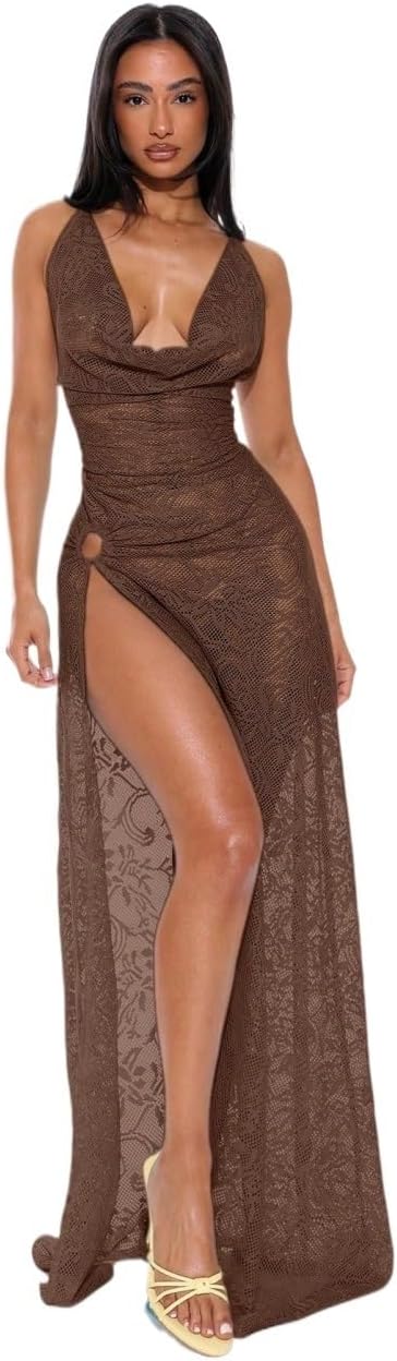 Womens Halterneck Ring Sexy Club Side Leg Slit Lace Dress Cover Up For Summer Spring Beachwear cover ups for swimwear