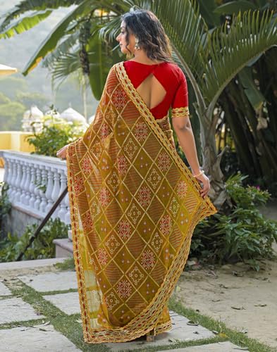 Image of SIRIL Women's Georgette Bandhani Printed Saree with Unstitched Blouse Piece