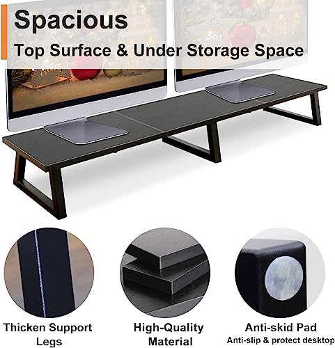 Image of INDIAN DECOR XL652 Classic Black 42 inch Dual Monitor Riser,Long Monitor Stand for 2 Monitors, Wood and Steel Monitor Stand with Storage Large TV Riser Computer Laptop Stand for Office