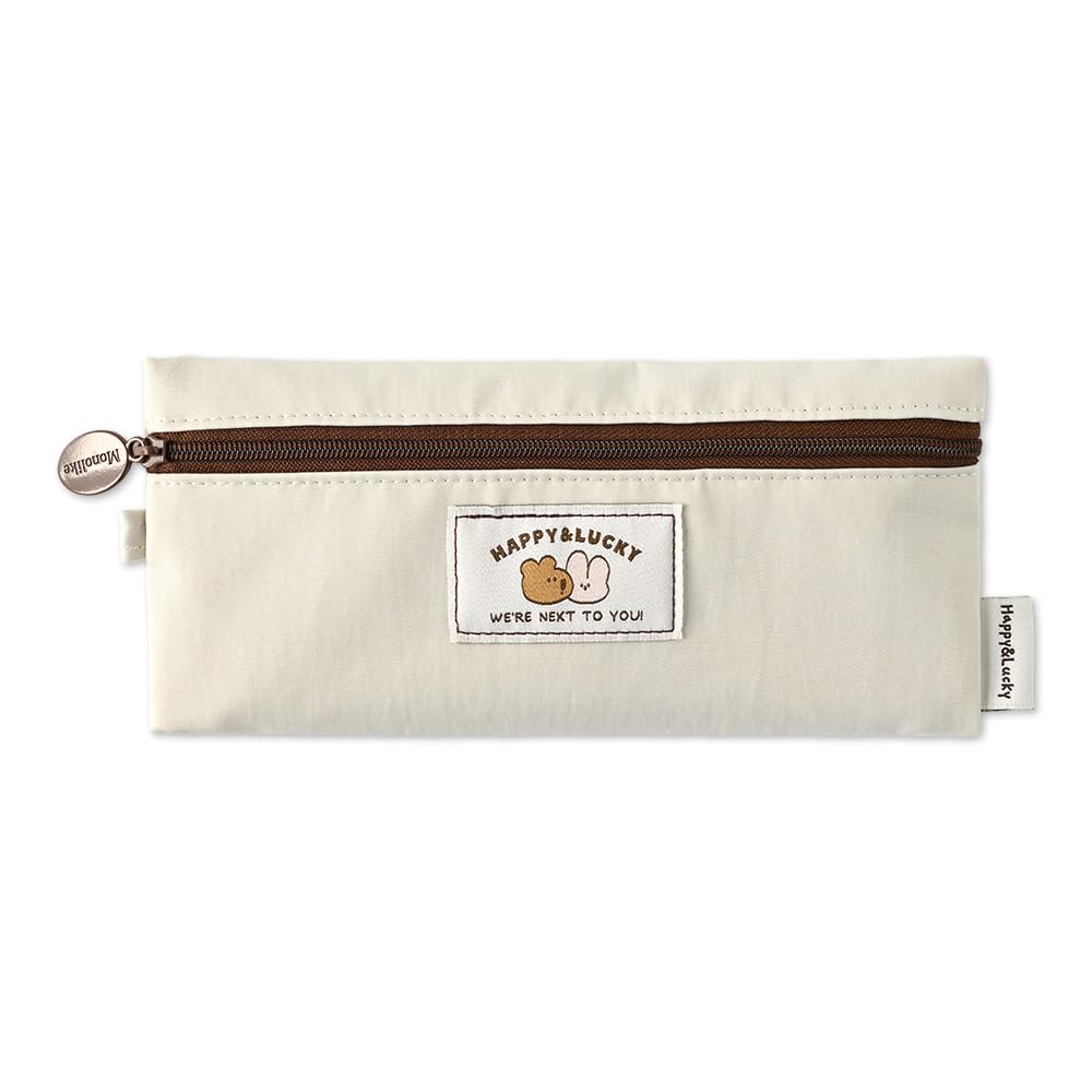 Monolike Happy and Lucky Flat Pencil Case, Ivory - Slim Water-Resistant Nylon Pen Pouch, Aesthetic Pastel Stationery Organizer for Office