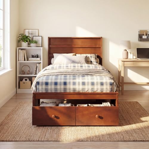 GOFLAME Twin Bed Frame with Storage Drawers, Wood Platform Bed with Headboard, Solid Wood Legs, Wooden Slats, Enclosed Base, Mid-Century Modern Single Beds for Kids, No Box Spring Needed, Walnut GOFLAME Twin Bed Frame with Storage Drawers, Wood Platform Bed with Headboard, Solid Wood Legs, Wooden Slats, Enclosed Base, Mid-Century Modern Single Beds for Kids, No Box Spring Needed, Walnut - Image 1